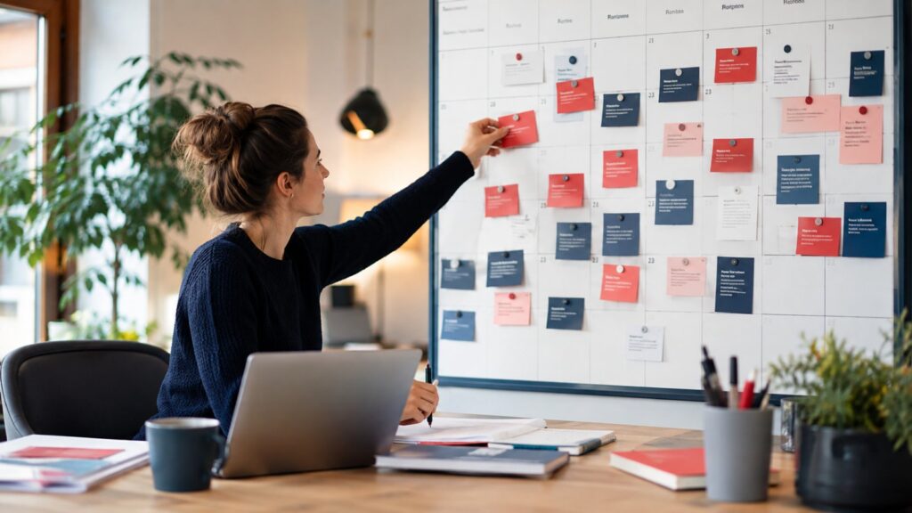 Marketeer plant content op een maandkalender met gekleurde kaartjes