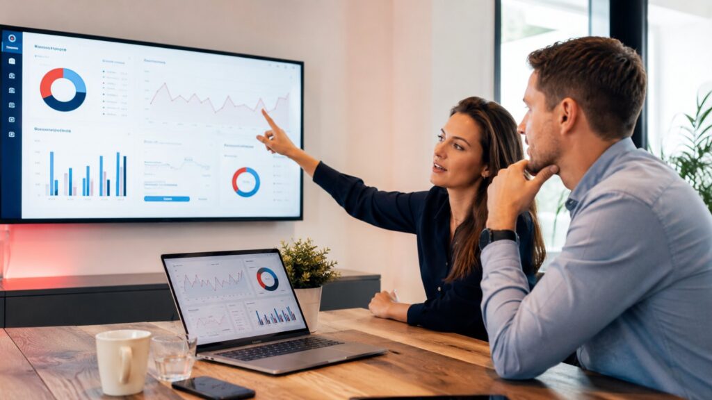 Marketeer en ondernemer bekijken samen dashboards met grafieken op een groot scherm