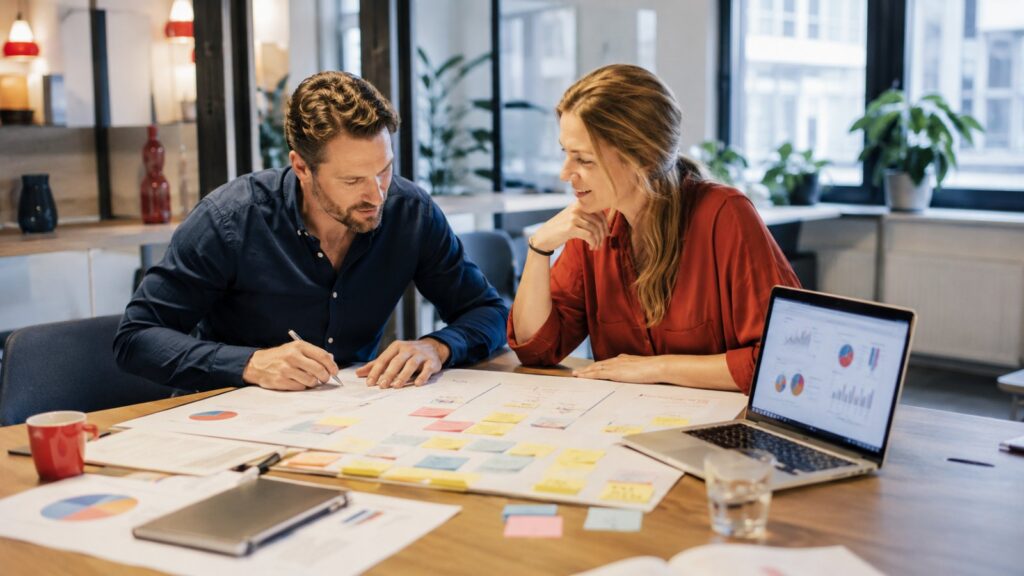 Ondernemer en marketeer werken samen een marktanalyse uit met notities en een laptop