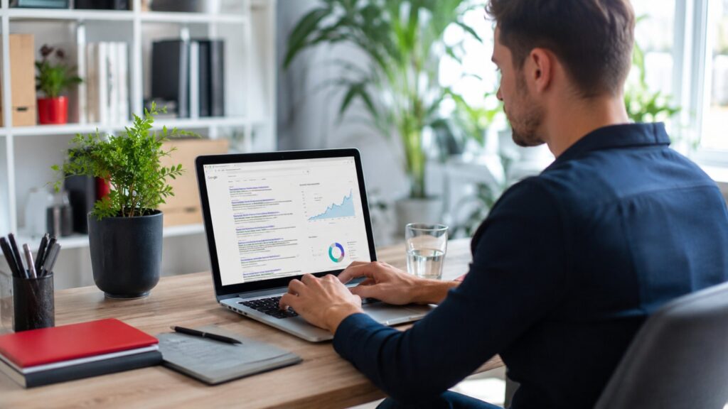 SEO-specialist werkt aan een laptop met zoekresultaten en een groeiende grafiek
